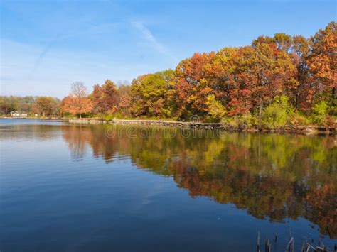 Stunning Fall Scene Of Autumn Colored Trees Lining Lake Shore Stock