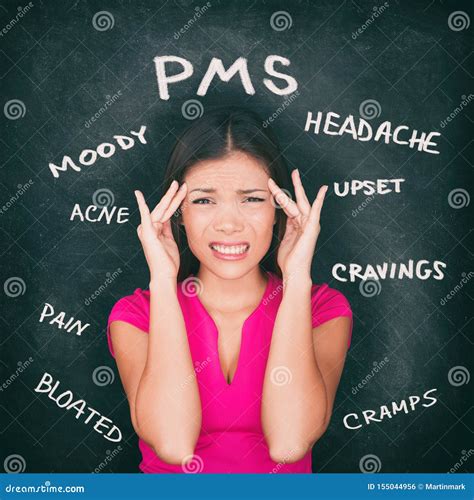 Pms Premenstrual Syndrome Asian Woman Holding Head In Pain Having