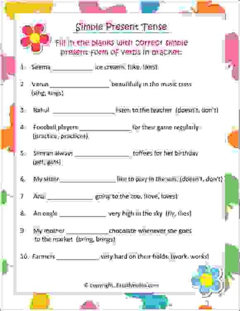 Simple Present Tense Worksheets Worksheets For Kindergarten