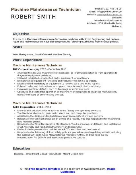 Machine Maintenance Technician Resume Samples Qwikresume