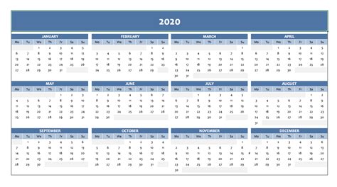 2020 Full Year Calendar Free Excel Template