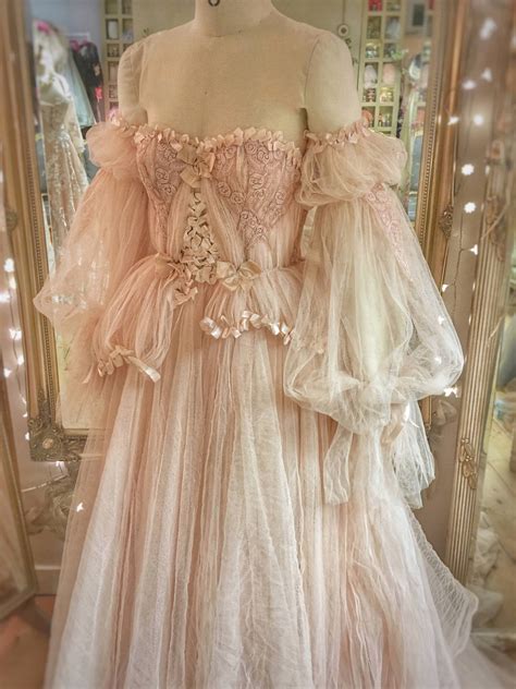 Beaded lace fabric with stones material: Blush Tulle and Lace Wedding Dress with Detachable Sleeves