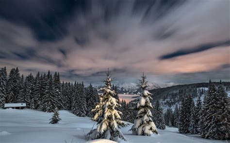 Download Wallpaper 3840x2400 Winter Snow Mountains Sunset Fir Trees