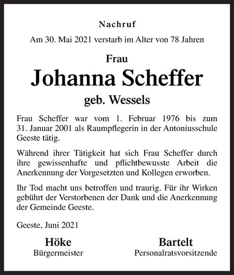 Traueranzeigen Von Johanna Scheffer Noz Trauerportal