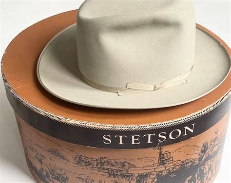 Stetson Cowboy Hat Fedora With Rare Hat Box Pale Beige Grosgrain Ribbon