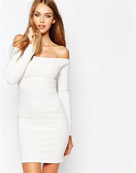 Missguided Off The Shoulder White Bodycon Dress At Bodycon Dress White Midi Dress