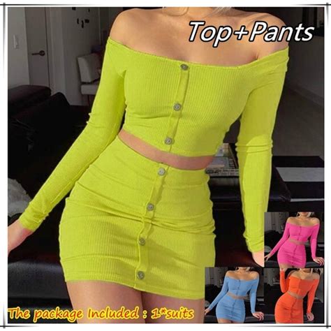 Women Two Piece Sets Buttons Long Sleeve Crop Top Mini Skirt Sexy Club Neon Green Conjuntos