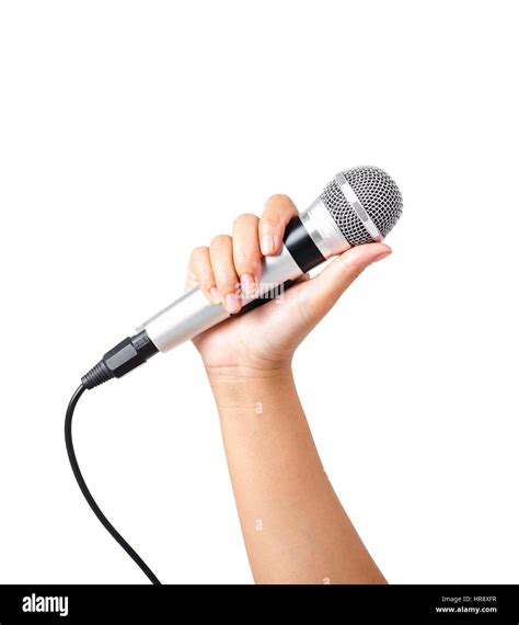 Female Hand Hold Microphone Isolated On White Background Saved