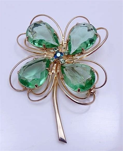 Weiss Designer Four Leaf Clover Bling Broochpin Jewelry Gold Tone