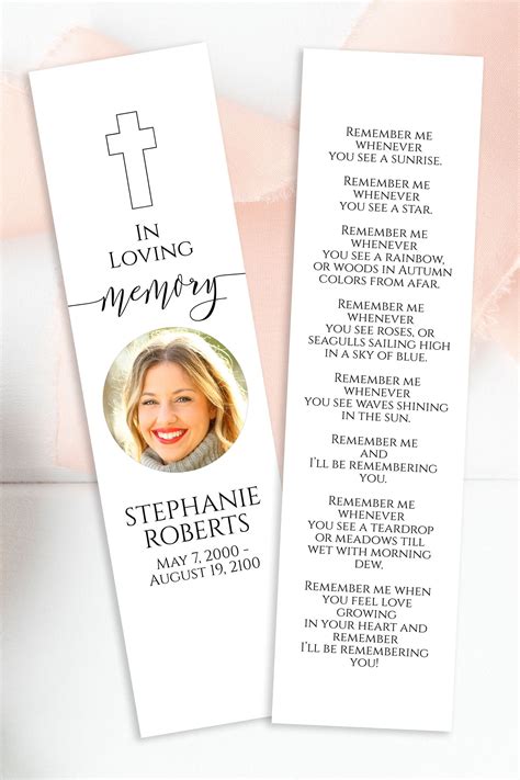 Memorial Bookmark Cross In Loving Memory Funeral Poem Card Editable