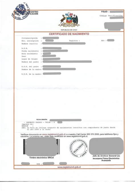 Certificado de nacimiento Chile Musterübersetzungen von Urkunden