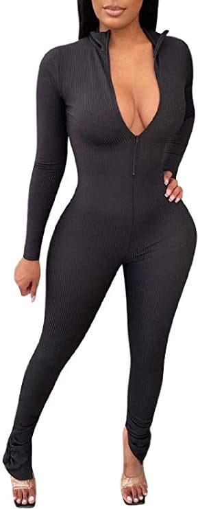 Ekaliy Womens Sexy Deep V Neck Bodycon Jumpsuit One Piece Long Sleeve Knitted