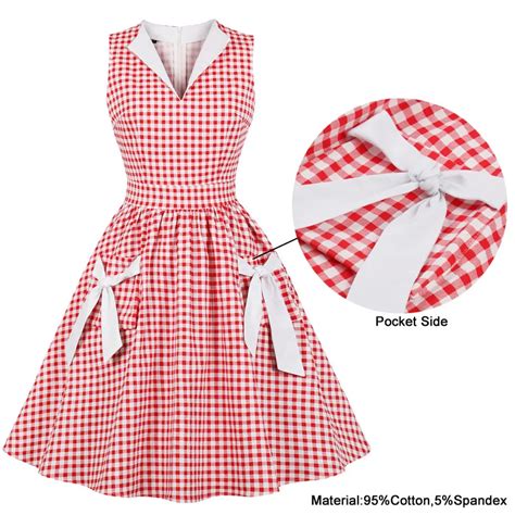 Tonval Retro 50s V Neck Gingham Red Rockabilly Dress Women Tie Pocket