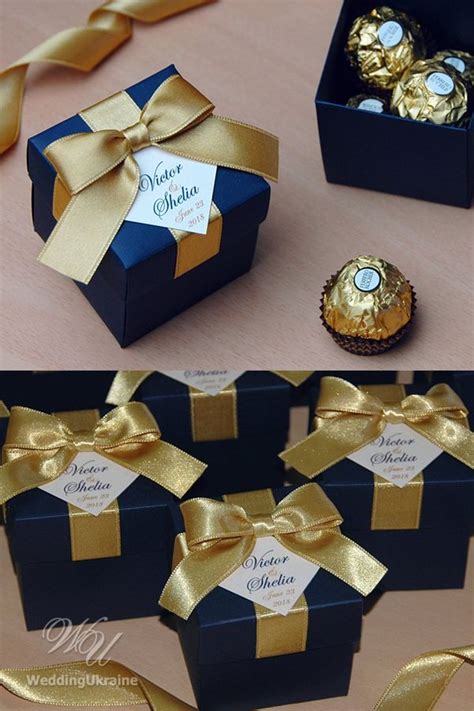Navy Blue And Gold Wedding Favor T Box With Satin Ribbon Bow Elegant