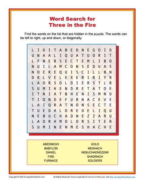 Three In The Fire Word Search Activity On Sunday School Zone