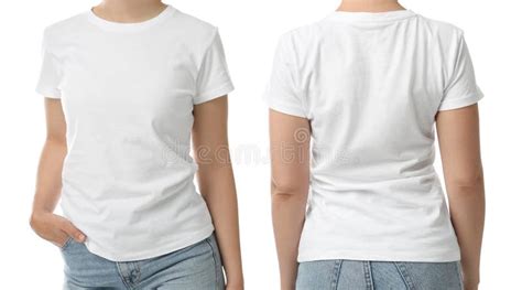 Woman In T Shirt On Background Closeup With Back And Front View