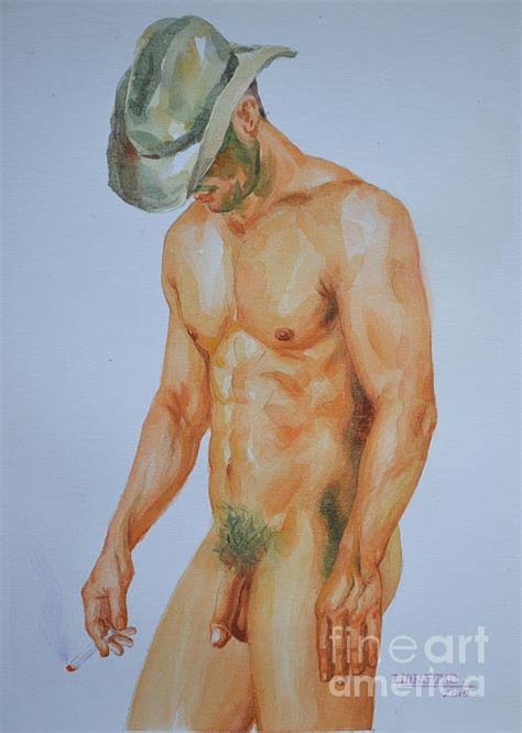 Original Watercolour Painting Art Male Nude Man Cowboy On Paper 16 1