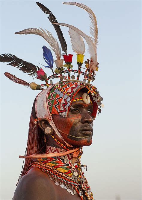 Portrait Of Rendille Warrior Wearing Traditional Headwear Turkana Lake Loiyangalani Kenya