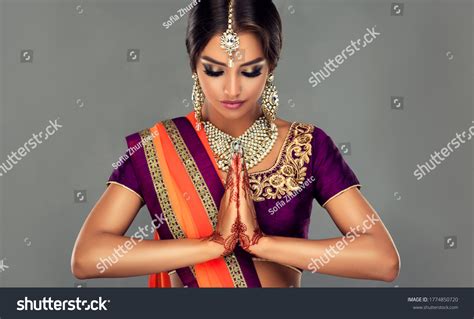 Portrait Beautiful Indian Girl Greetting Pose Stock Photo 1774850720