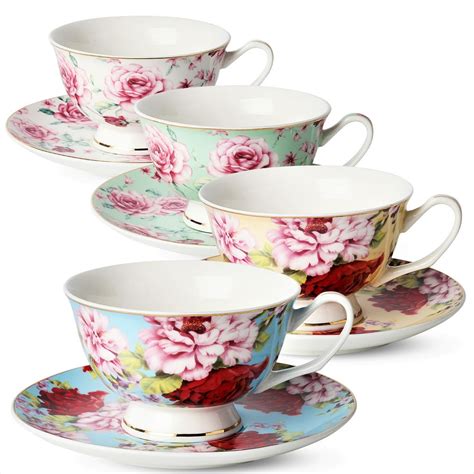 Tea Coffee Cups And Saucers Set Of 4 8 Piece 4 Cups And 4 Saucers Assorted Color Floral