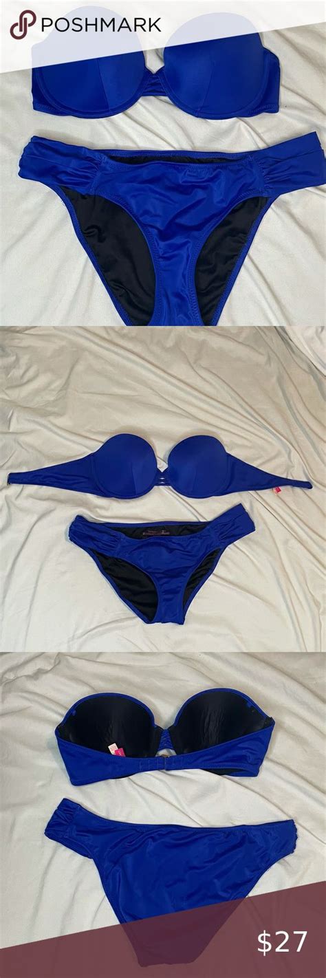 Victorias Secret Royal Blue Swimsuit Set 32d Bandeau Pushup Top And S