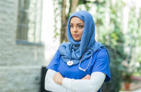 Close Up Portrait Of Young And Attractive Muslim Woman Nurse In Hijab Middle Eastern Female