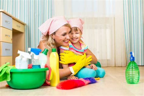Mother And Kid Ready To Room Cleaning Stock Photo Image Of Floor