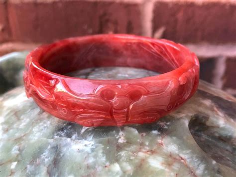 Vintage Translucent Red Jadeite Jade Carved Ruyi Butterfly Bangle