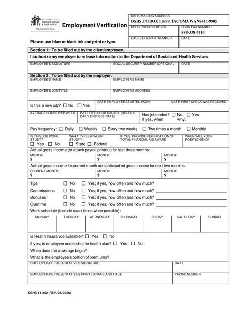 Dshs Form 14 252 Download Printable Pdf Or Fill Online Employment
