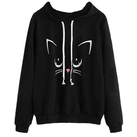 Harajuku Women Hoodies Sweatshirt Kawaii Black Winter Cat Pattern Long