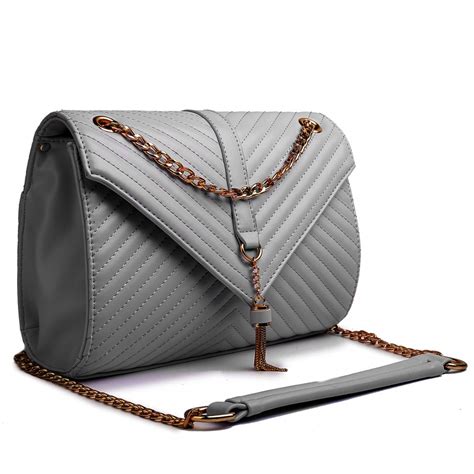 E1635 Miss Lulu Leather Look Quilted Chain Shoulder Bag Grey