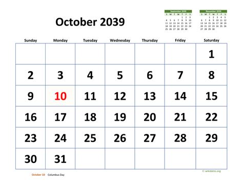 October 2039 Calendar With Extra Large Dates