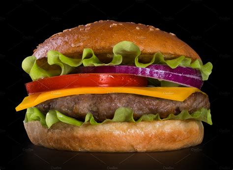 Burger On Black Background Containing American Food Beef And Bun