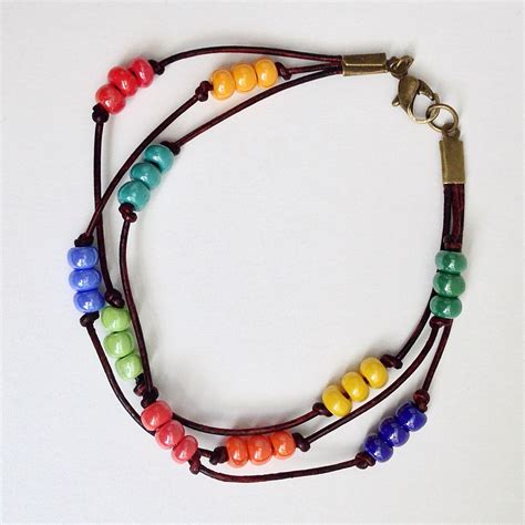 Triple Strand Beaded Leather Bracelet Multi Color Seed Bead