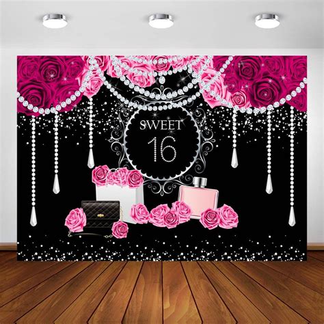 Sweet Sixteen Birthday Background Pink Sweet 16 Party Banner Girl Bling Diamonds Pearls Rose