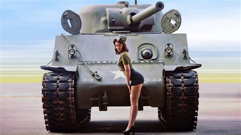 Wallpaper Women Weapon Tank World War Ii Pinup Models M4 Sherman Cannon 1920x1080 Px