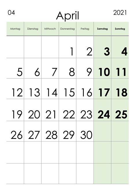 Kalender April 2021 Grosse Ziffern Im Hochformat Kalendersu