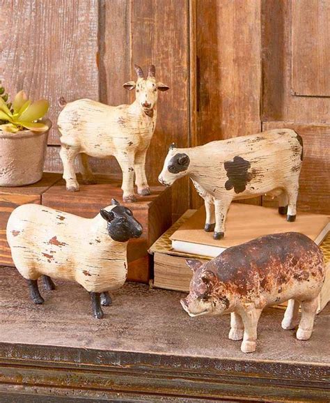 Primitive Rustic Distressed Barnyard Farm Animal Sculptures Goat Cow