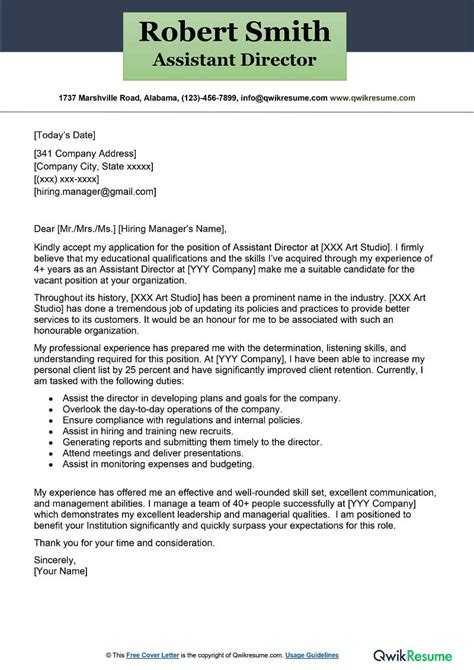 Assistant Director Cover Letter Examples Qwikresume