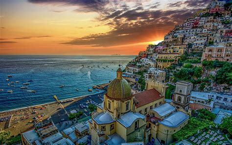 Positano Amalfi Coast Mediterranean Sea Sunset Evening Seascape