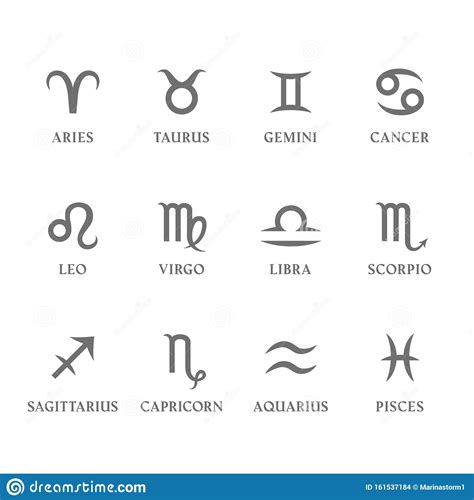Set Of Zodiac Signs And Symbols With Names Stock Vector