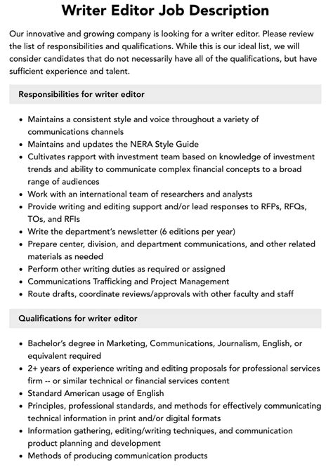 Writer Editor Job Description Velvet Jobs