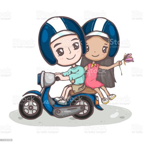 Cute Couple Moment A Guy And A Girl Riding Motorcycle Together Stock