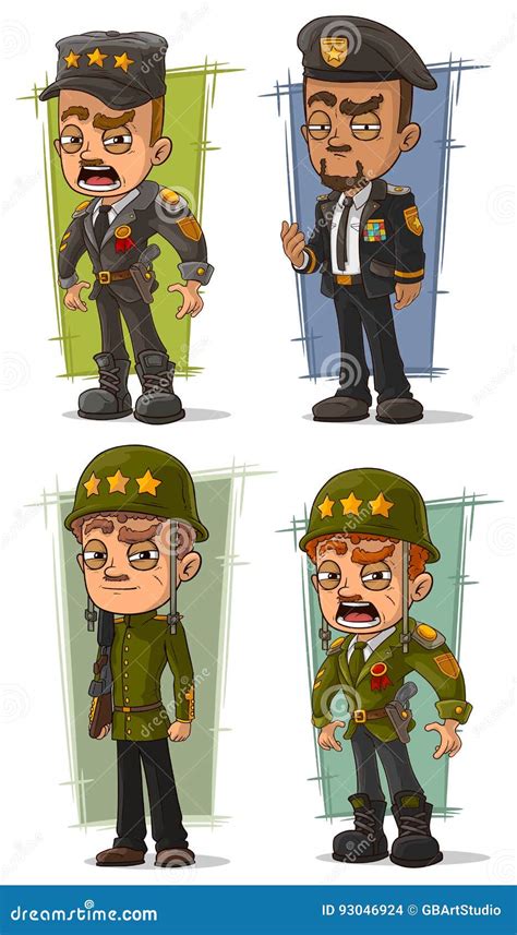 Cartoon Army General With Weapon Character Vector Set Stock Vector