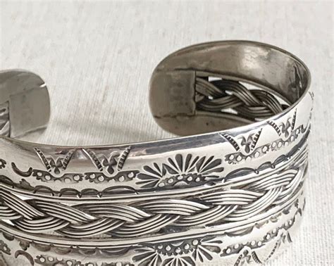 Heavily Stamped Sterling Cuff Bracelet Vintage Native American Navajo