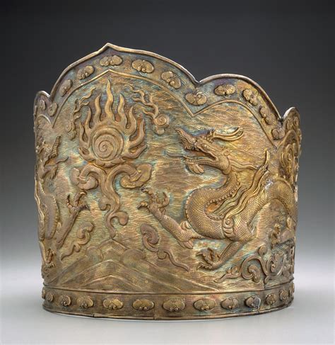 Silver Headdress Decorated With Two Dragons And A Flaming Jewel China
