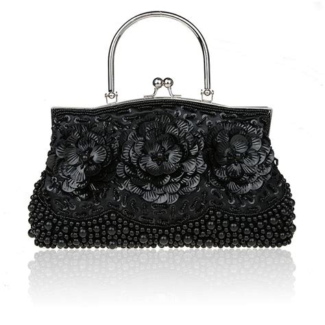 Black Chinese Womens Beaded Sequined Banquet Handbag Clutch Party