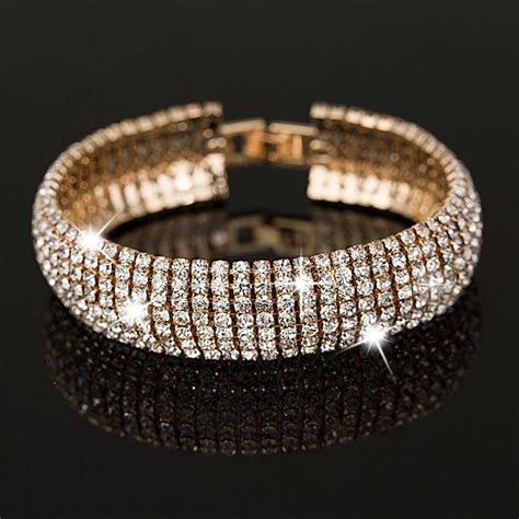 Luxury Women Crystal Bracelet Chic Gold Silver Color Pave Rhinestone