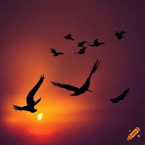 Silhouette Of Birds Flying At Sunset On Craiyon