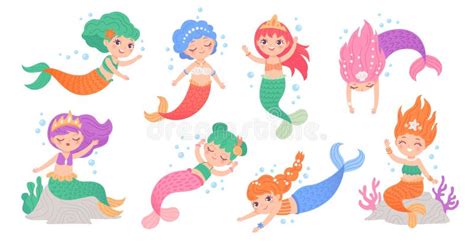 Cute Mermaids Princess Cartoon Fairy Tale Mermaid Characters Swimming